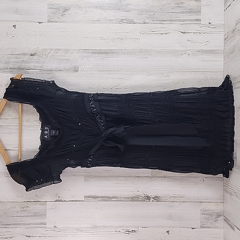 ABS Allen Schwartz sheer black sequin beaded tiered ribbon tie dress Size Med